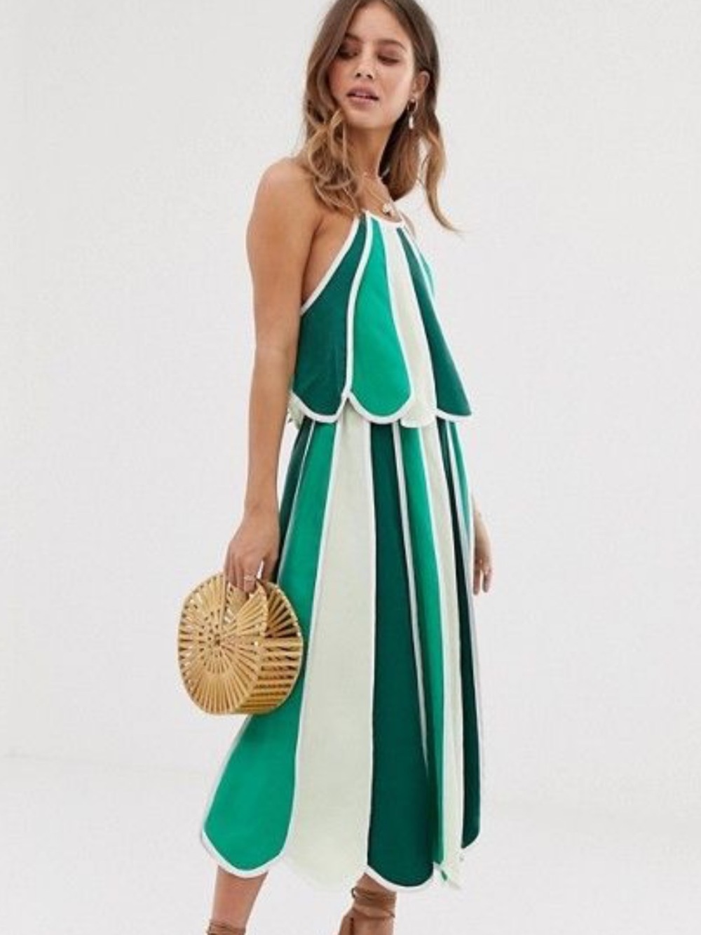 Free People Green & White Stripe Inez Skirt Set Size Small Crop Halter Top